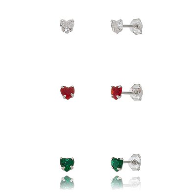 Trio de brincos Coração 4x4 - Verde/Vermelho/Cristal - Prata 925 (Contém 5 Trios)