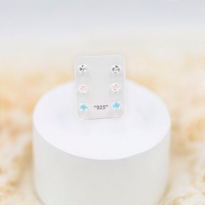 Trio de brincos Redondo 3mm - (Leitoso) Azul/Rosa/Cristal - Prata 925 (Contém 5 Trios)