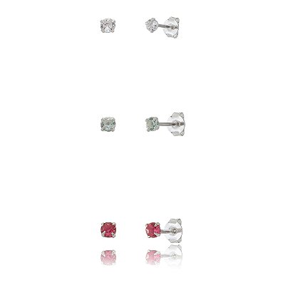 Trio de brincos Redondo 3mm - Fúcsia/Verde/Cristal - Prata 925 (Contém 5 Trios)