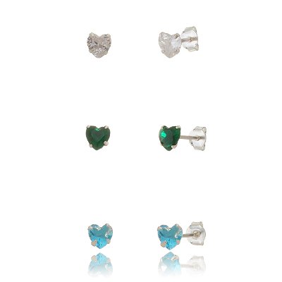 Trio de brincos Coração 5x5 - Azul/Esmeralda/Cristal - Prata 925 (Contém 5 Trios)