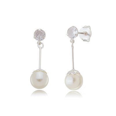 Brinco Pérola 8mm c/ canutilho e Zircônia 5mm - Prata 925 (Contém 12 Pares)