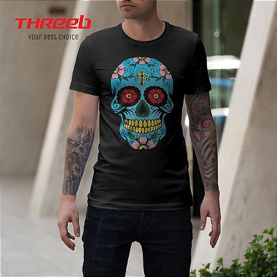 Camiseta Masculina Threeb Caveira Mexicana Colorida