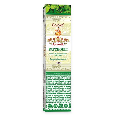 Incenso Indiano Goloka Ayurvedic Patchouli - Energia de limpeza astral e equilíbrio de emoções.
