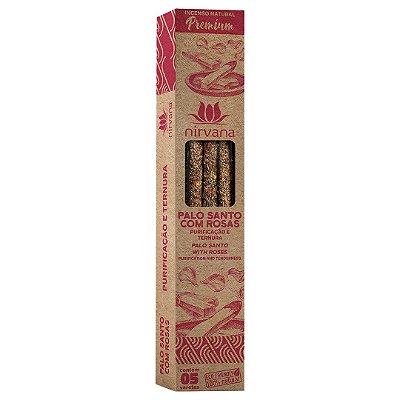 Incenso Natural Palo Santo com Rosas - Nirvana Premium - Cx com 05 varetas