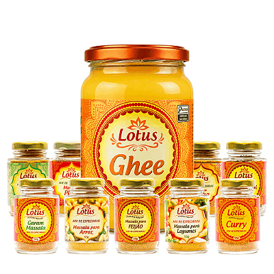 Kit Coleção Completa Lotus - Ghee 500g + 9 Temperos Indianos