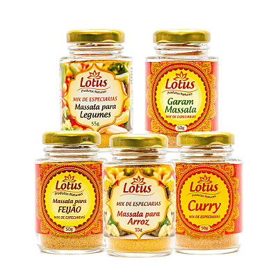 Kit 5 Temperos Indianos Lotus - Arroz, Feijão, Legumes, Garam e Curry
