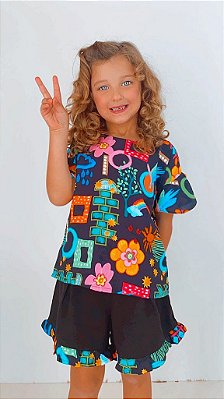 Short Infantil Feminino Estampado Brincadeira Preto