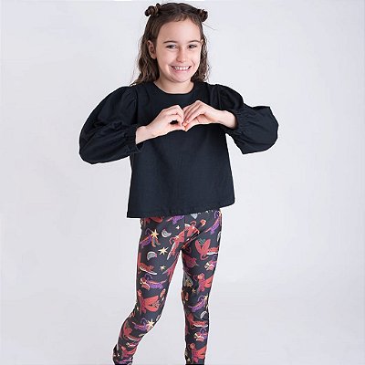 Blusa Cropped Infantil Menina Manga Longa Bufante Preto