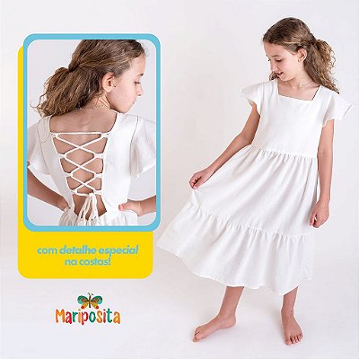 Vestido Infantil Barrado Linho Branco