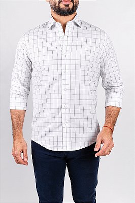 Camisa Arm Collar Branca Xadrez Window Pane Marinho
