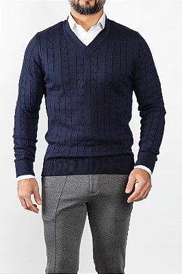 Tricot Gola V Trançado Marinho