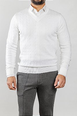 Tricot Gola V Trançado Branco