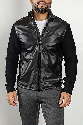 Jaqueta Patch Couro e Nylon Preto