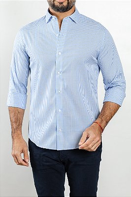 Camisa Arm Collar Pima Branco Xadrez Vichy Azul Claro