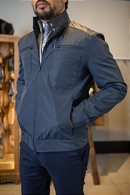 Jaqueta Nylon e Couro Marinho