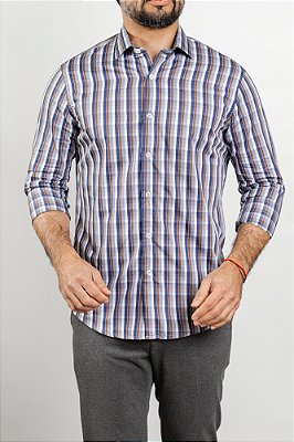 Camisa Arm Collar Branca Xadrez Marinho e Marrom