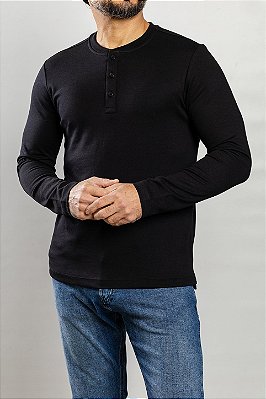 Camiseta Manga Longa Henley Preta