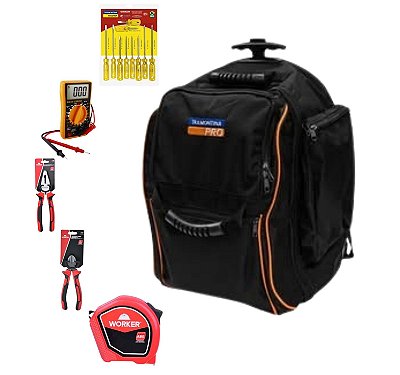 MOCHILA PORTA FERRAMENTAS TRAMONTINA PRO + JOGO DE CHAVES, ALICATES, TRENA E MULTIMETRO