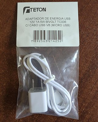 ADAPTADOR DE ENERGIA USB 12V 1A 5W BIVOLT TC006 C/ CABO USB V8 (MICRO USB)