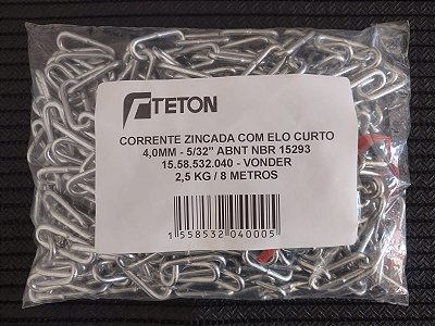 CORRENTE ZINCADA COM ELO CURTO 4,0MM 5/32” ABNT NBR 15293 15.58.532.040 2,5KG - VONDER