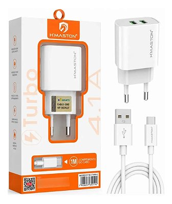 CARREGADOR FONTE TURBO BIVOLT 2 USB 4.1A CABO 1M TIPO C BRANCO - HMASTON