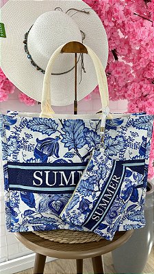 Bolsa summer c/ necesserie (folhagem azul)- 2545