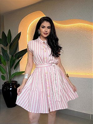Vestido listra c/ faixa em linho