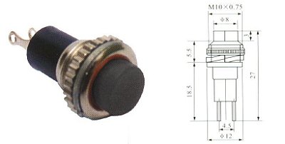 Chave Botão - NA - S/TRAVA - DIAM. 12MM - Preta - Importado