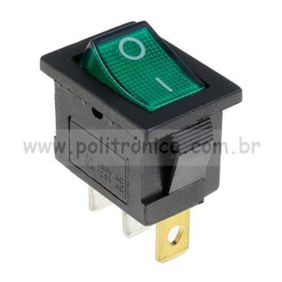 Chave Gangorra 2T - 21X15MM - ON/OFF - 6A/250VAC - Verde Iluminada - I/O  - Importada