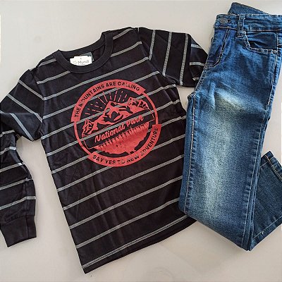 Conjunto Infantil Menino Camiseta Manga Longa e Calça Jeans Brandili Mundi