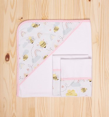 Kit bebê fralda de boca  + toalha capuz - Bee