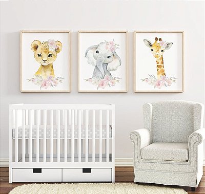 Decoração Menina Aquarela Animais Leão Elefante e Girafa