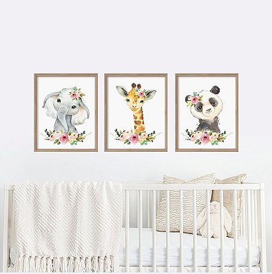 Decoração Menina Aquarela Animais Elefante Girafa e Panda