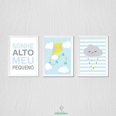 Quadro Infantil Sonhe Alto Meu Pequeno, Pipa e Nuvem