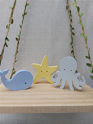 Kit 3 Adornos em mdf Fundo do Mar Baleia, Estrela e Polvo