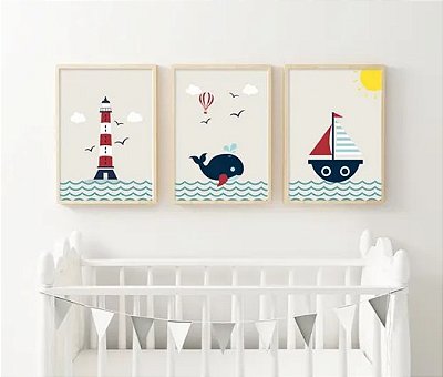Quadro Infantil Decoração Marinheiro Barco Farol Baleia