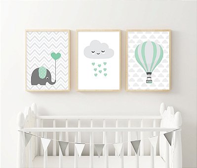 Quadro Infantil Elefantinho Nuvem e Balão
