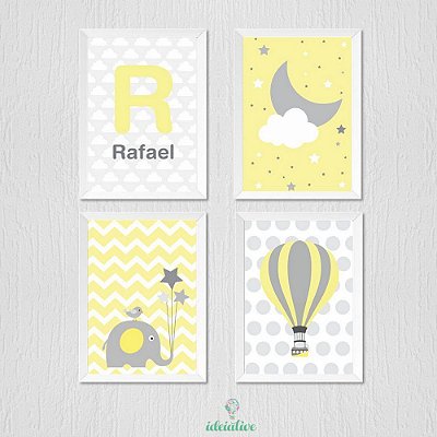 Quadro infantil elefante, lua, balão e nome