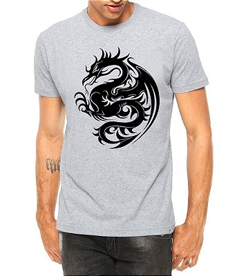 Camiseta Masculina Dragão Tribal Tattoo Cinza
