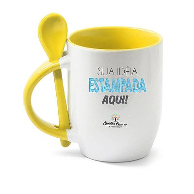 CANECA INTERIOR E ALÇA COLORIDA COM COLHER AMARELA PARA PERSONALIZAR