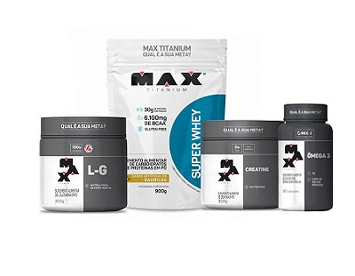 Kit Super Whey (900g) + Glutamina (150g) + Creatina (100g) + Ômega 3 (90caps) - Max Titanium