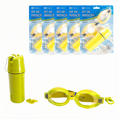 Óculos AX Natação Adulto c/ Tampão Ouvido, Protetor Nariz e Estojo Amarelo - PACK COM 5 PROMO