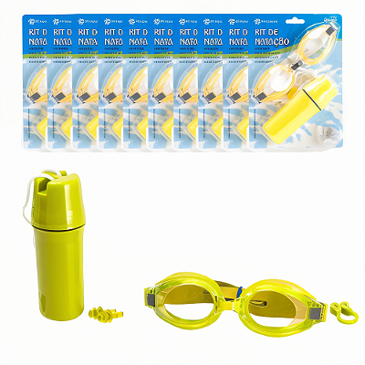 Óculos AX Natação Adulto c/ Tampão Ouvido, Protetor Nariz e Estojo Amarelo - PACK COM 10 PROMO
