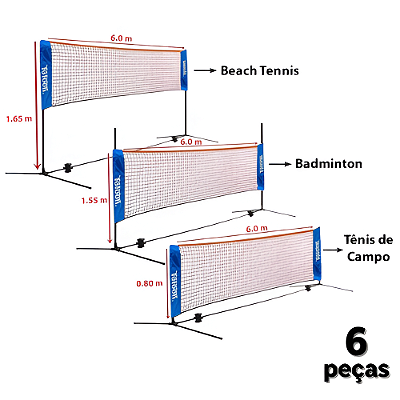 Kit Rede Portátil Poste Tênis/Badminton/Beach Tênis, Regulável e Cromado c/alt. até 1,65 m. x 6 m. Largura - PACK COM 6