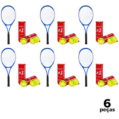 Raquete Tênis Campo Adulto PRO Aluminio com Bolsa AX CY T27 Azul  + Tubo 3 Bolas Tênis Premium AX Esportes - PACK COM 6