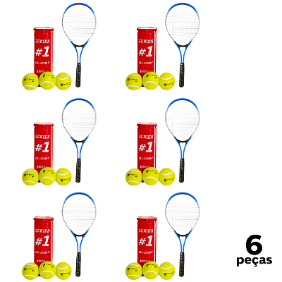 6 Raquete Tênis Campo Adulto PRO Aluminio com Bolsa AX CY T27 Azul + 6 Tubo 3 Bolas Tênis Premium AX Esportes - PACK CO