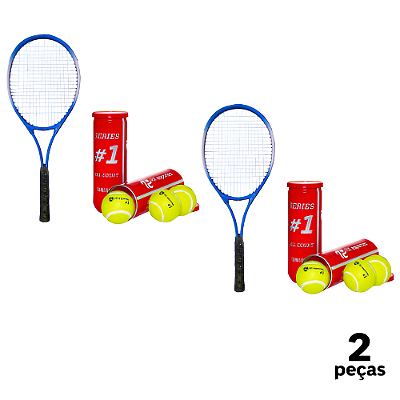 Raquete Tênis Campo Adulto PRO Aluminio com Bolsa AX CY T27 Azul  + Tubo 3 Bolas Tênis Premium AX Esportes - PACK COM 2