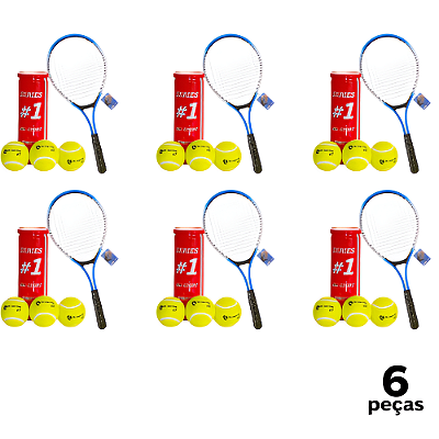 6 Raquete Tênis Campo AD/JUV Ferro AX CY com Bolsa T27 + 6 Tubo 3 Bolas Tênis Premium AX Esportes - PACK COM 6