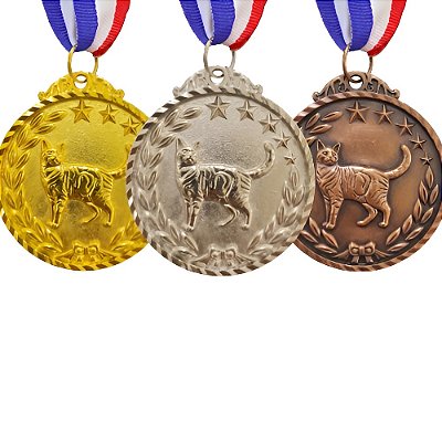 Kit 3 Medalhas Gato Pet 65mm Ouro Prata Bronze com Fita AX - 983