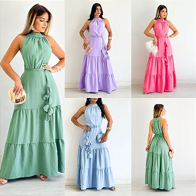 Vestido Longo Cavado Cinto de Flor